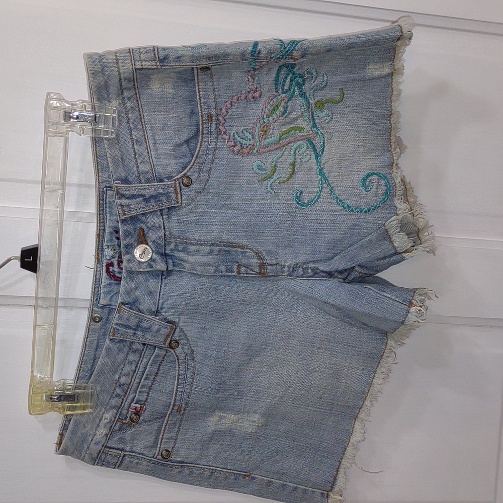Distressed Embroidered Denim Shorts